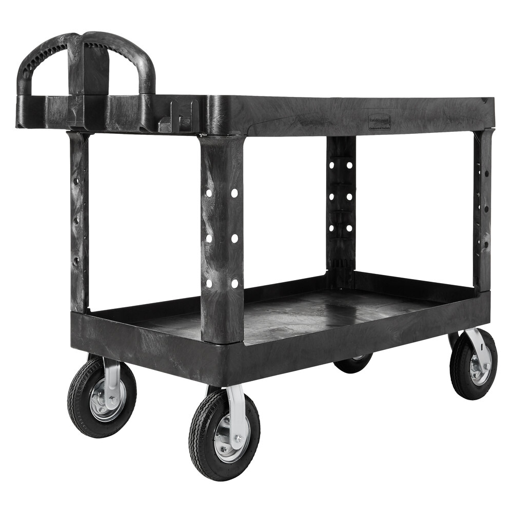 Rubbermaid FG454610BLA Black Large Heavy Duty Two Shelf Utility Cart with Lipped Shelf and