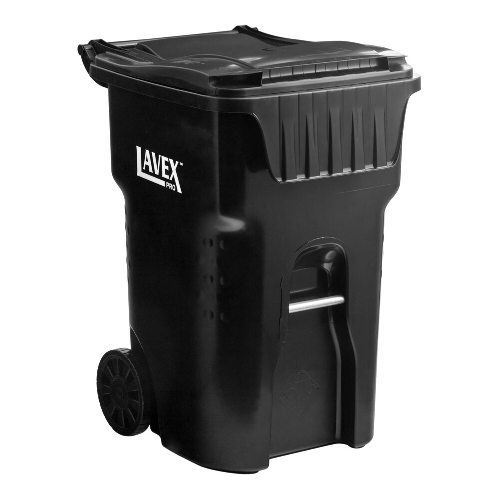 Lavex Pro 95 Gallon Black Wheeled Rectangular Trash Can with Lid
