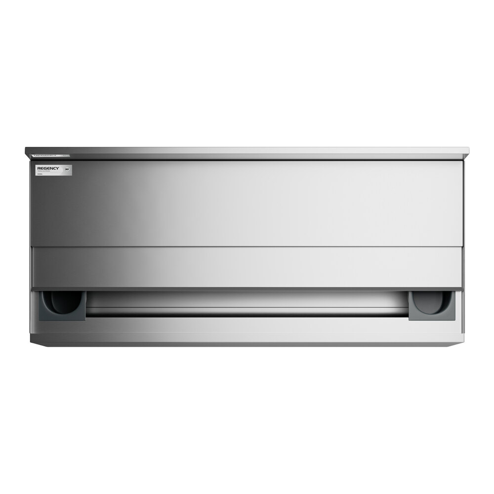 A stainless steel rectangular underbar unit with a sliding lid and integrated bottle holders, viewed from the front.