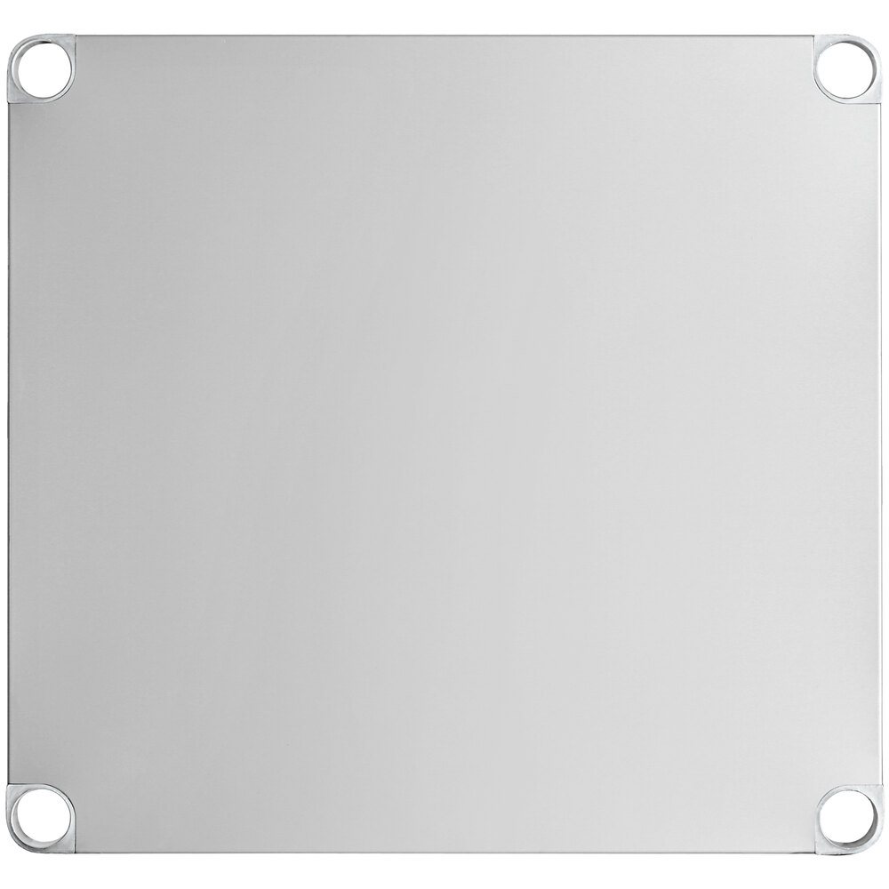 A square stainless steel adjustable undershelf with rounded corners and holes, designed for 30-inch by 30-inch work tables.