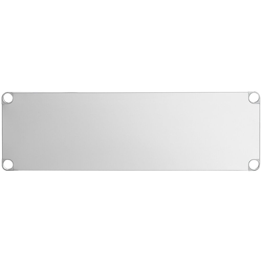 A rectangular 18-gauge stainless steel adjustable undershelf with four corner cutouts for 18" x 48" work tables.