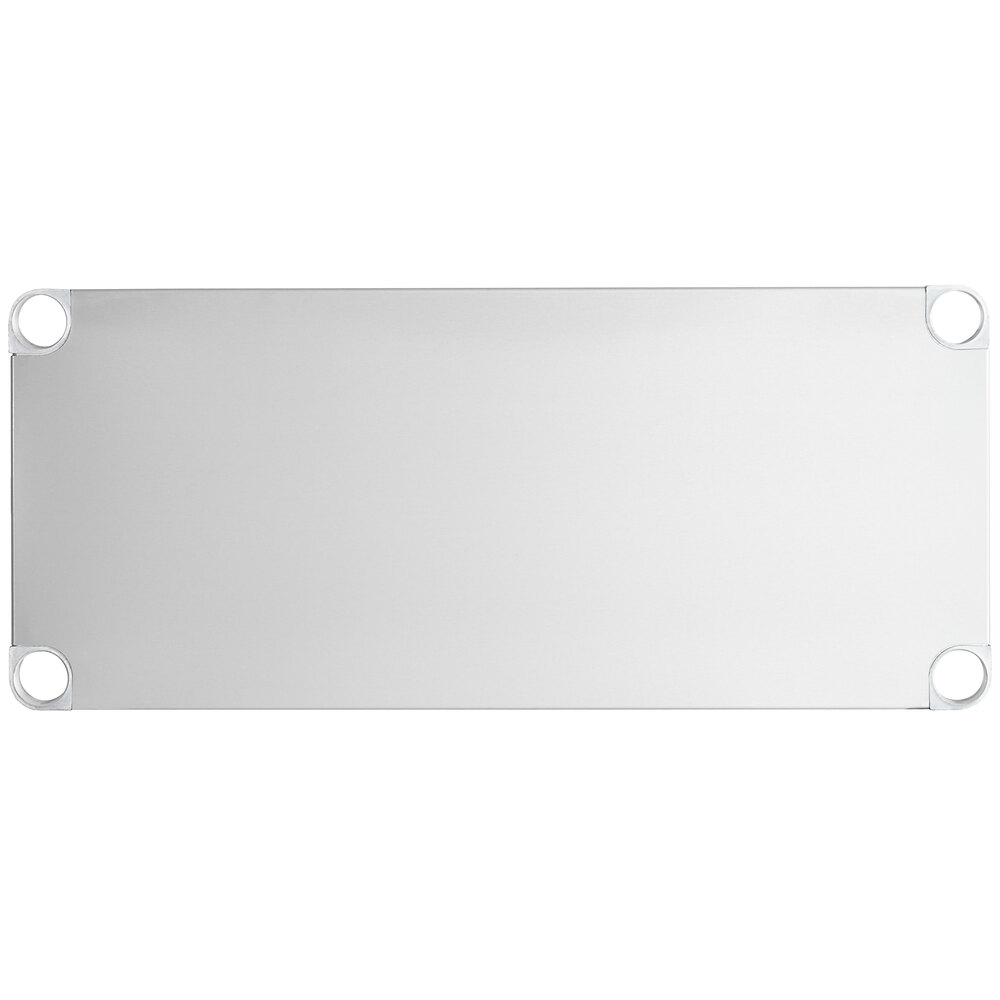 An 18-gauge stainless steel adjustable undershelf designed for 18-inch by 36-inch work tables.