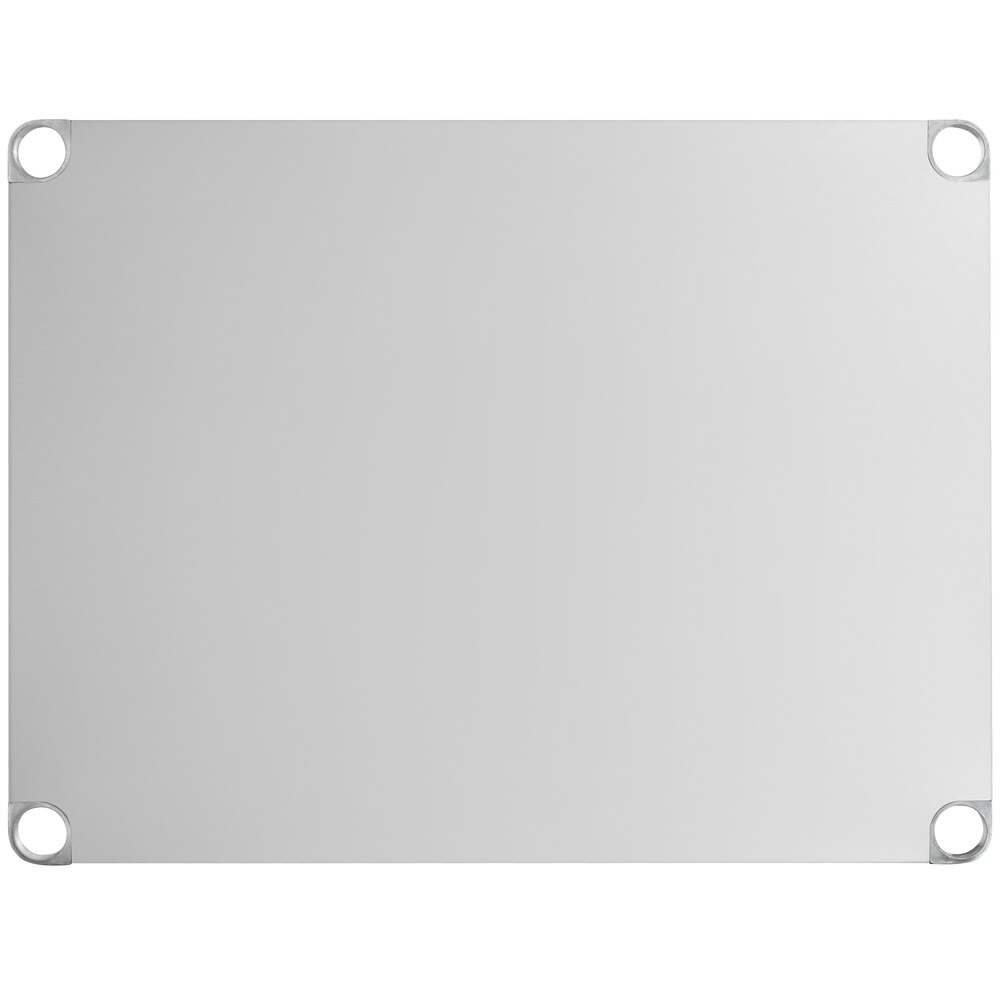 A rectangular stainless steel adjustable undershelf with rounded corners and holes for mounting, designed for 30" x 36" work tables.