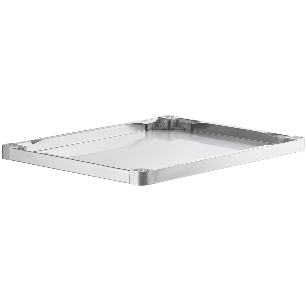 A rectangular stainless steel adjustable undershelf designed for 30" x 36" work tables.
