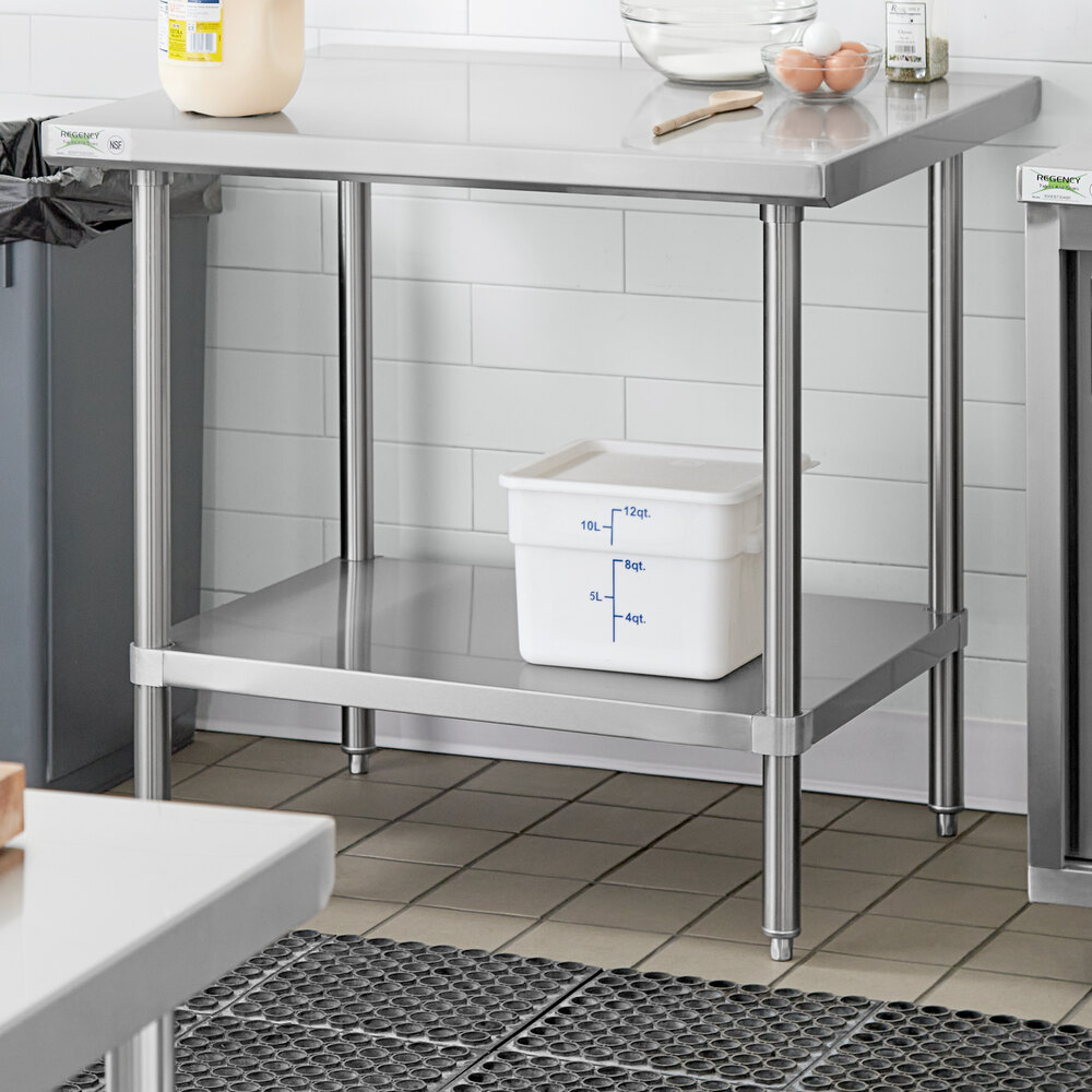 An adjustable stainless steel undershelf designed for 30-inch by 36-inch work tables.