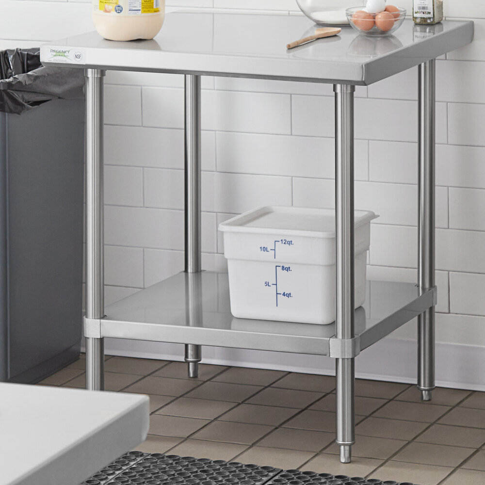 An adjustable 18-gauge stainless steel undershelf designed for 36-inch by 36-inch work tables.