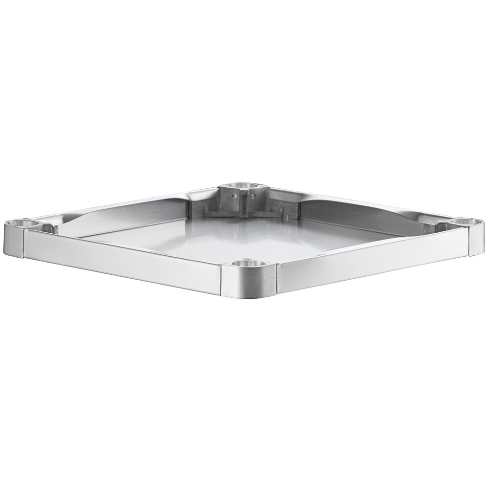A square stainless steel adjustable undershelf designed for 24-inch by 24-inch work tables.
