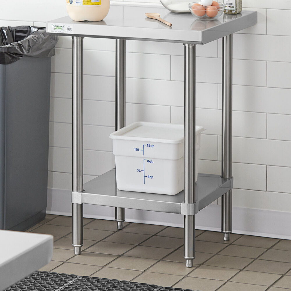 A stainless steel adjustable undershelf installed on a 24-inch by 24-inch work table.