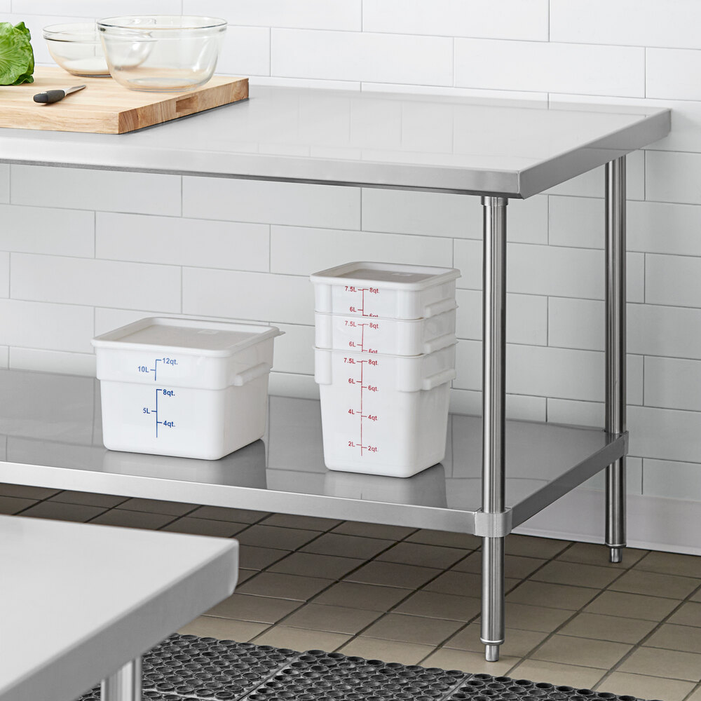 An adjustable stainless steel undershelf installed beneath a work table, used for additional storage in a kitchen setting.