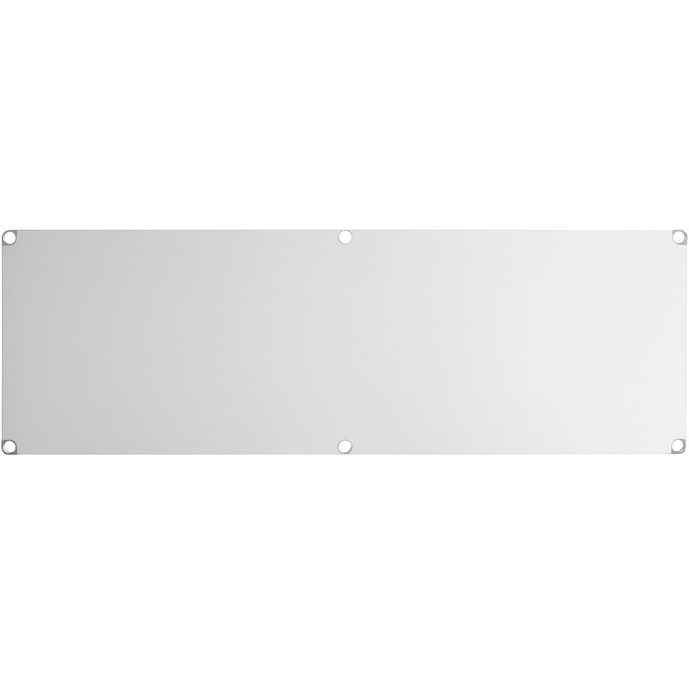 A rectangular stainless steel adjustable undershelf with pre-drilled holes, designed for 36" x 96" work tables.