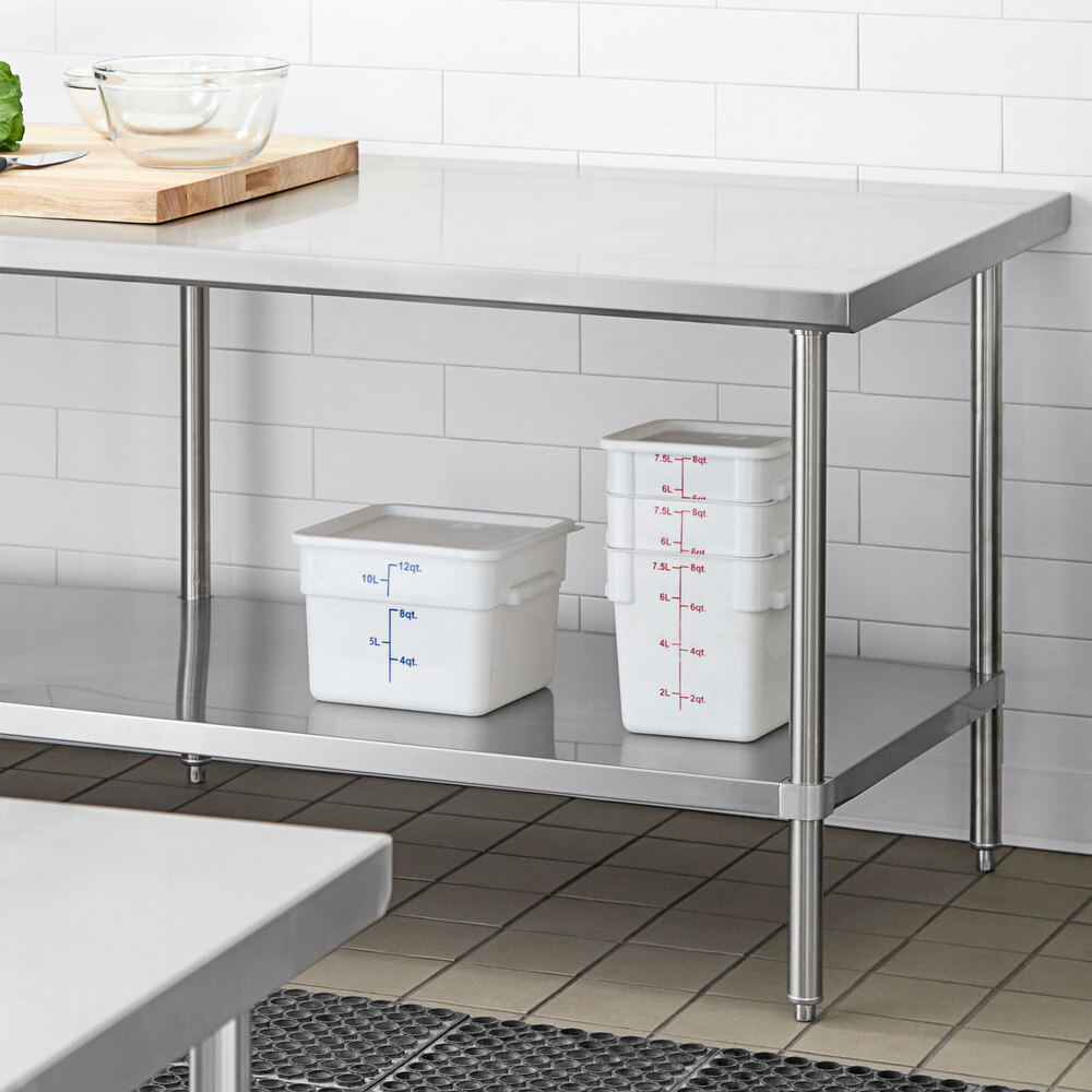 An adjustable stainless steel undershelf designed for 36-inch by 96-inch work tables, shown installed beneath a work surface and holding storage containers.