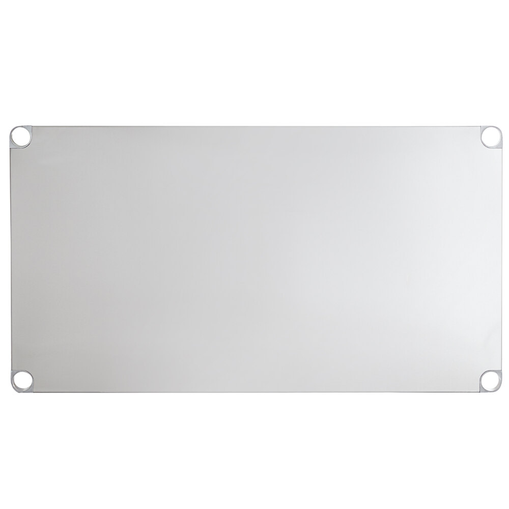 A rectangular 18-gauge stainless steel adjustable undershelf with holes in each corner, designed for 30" x 48" work tables.