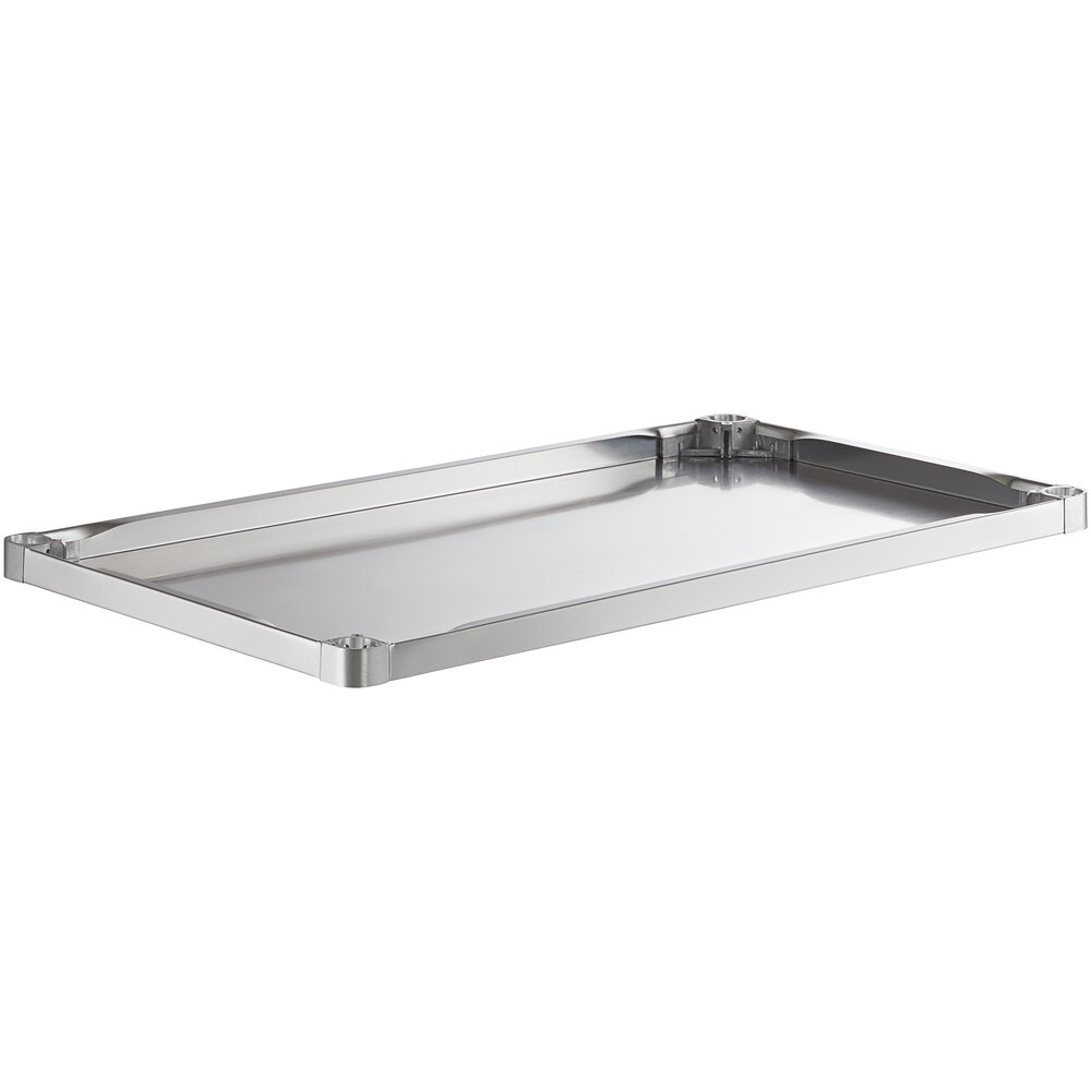 A stainless steel adjustable undershelf designed for 30 x 48 inch work tables.