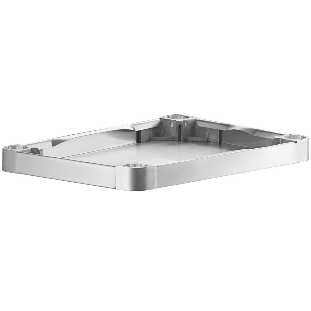 A rectangular stainless steel adjustable undershelf designed for 18" x 24" work tables.