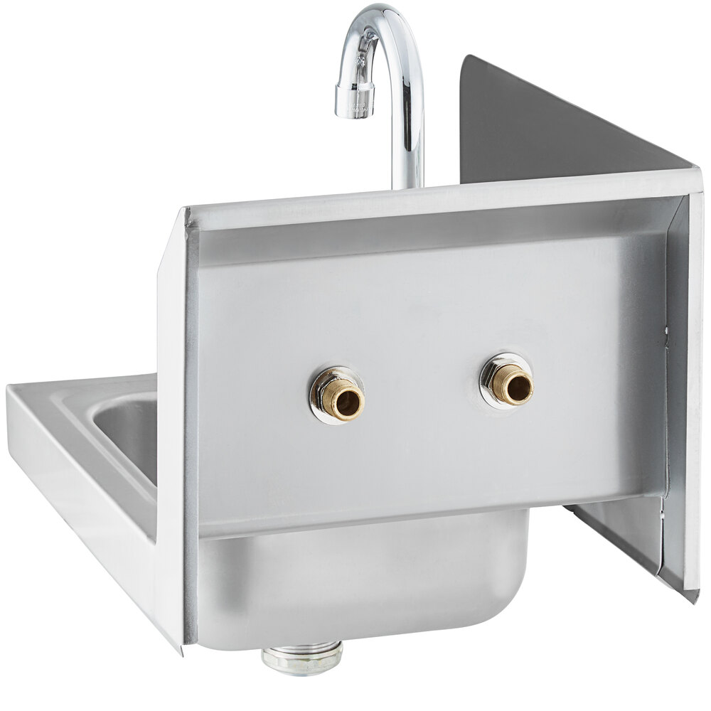 A Regency stainless steel wall-mounted hand sink with a gooseneck faucet on the left.