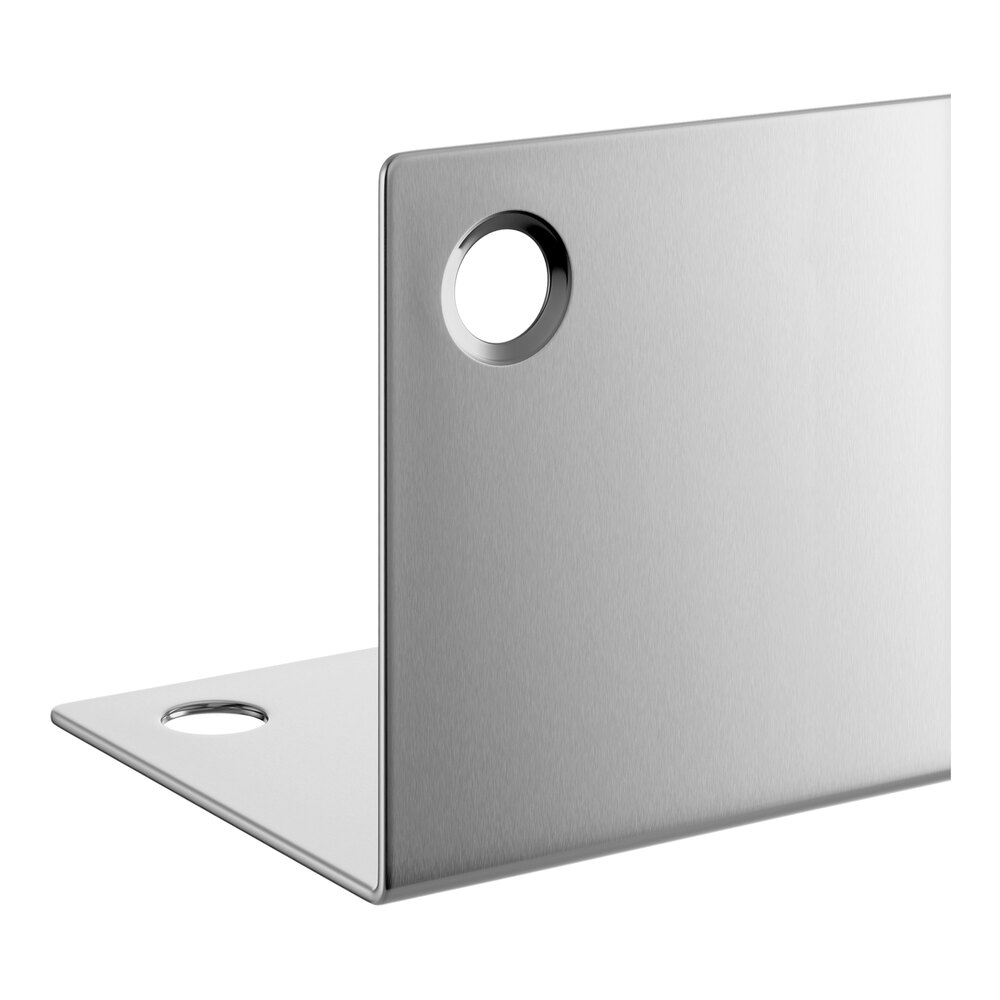 A stainless steel wall corner guard with adhesive strips and mounting holes.