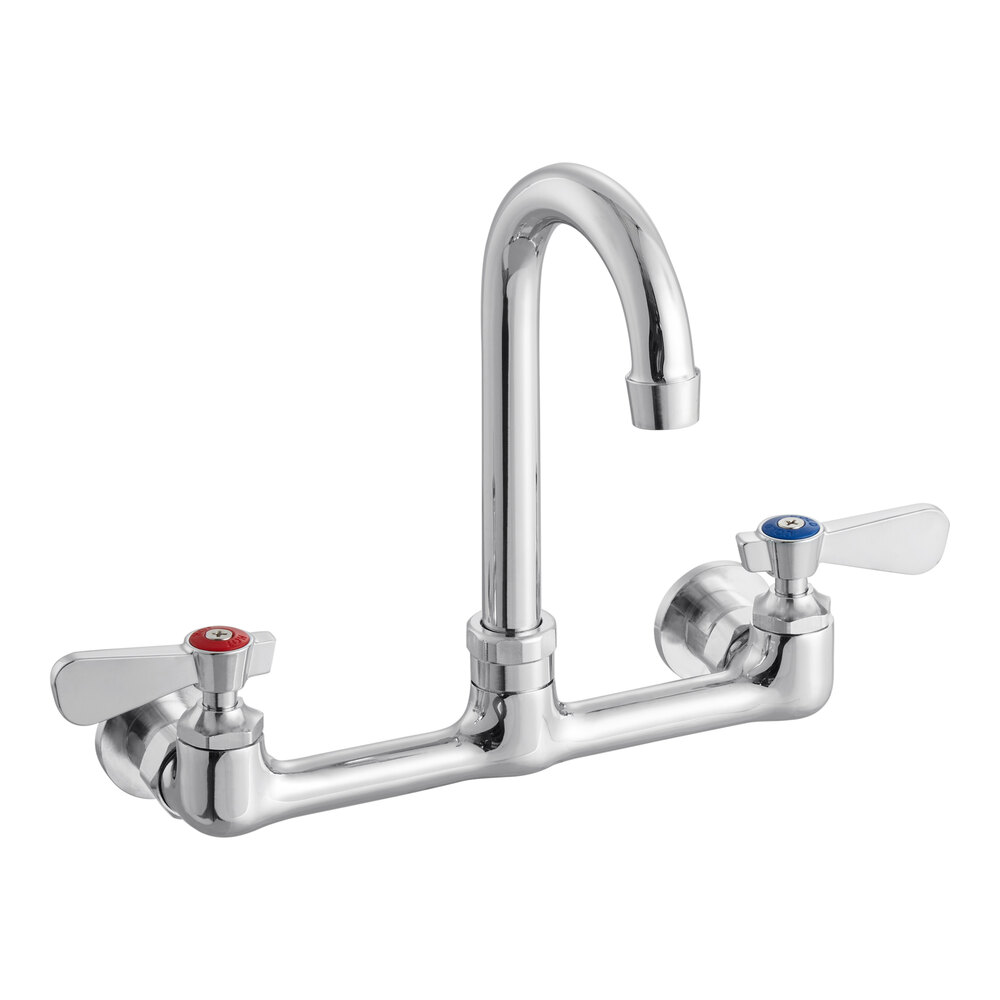 A wall-mount faucet with 8-inch centers and a 3.5-inch swivel gooseneck spout.
