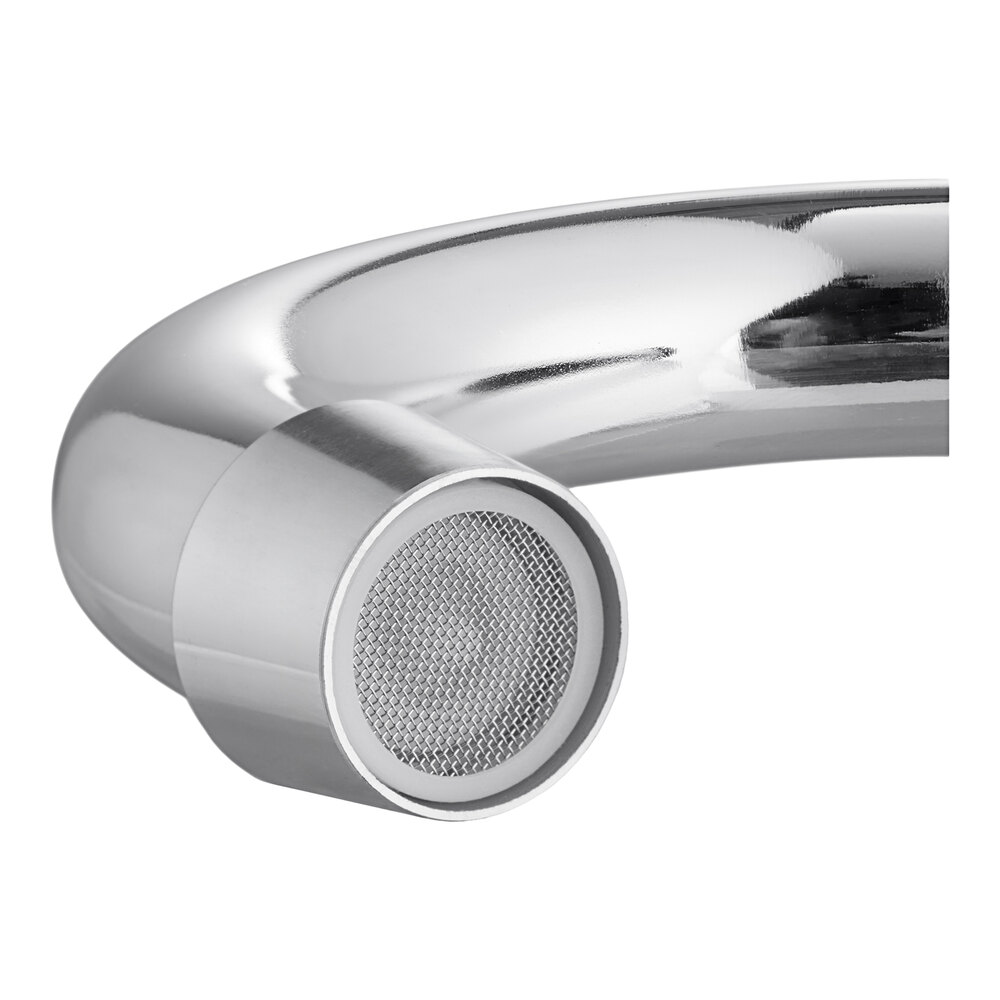 A chrome wall-mount faucet with an 8-inch center and a 3.5-inch swivel gooseneck spout.
