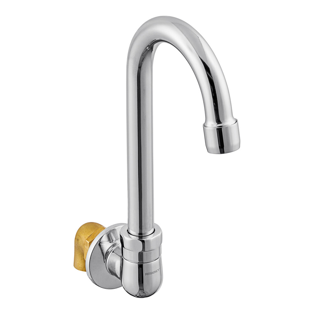 A chrome wall-mount hands-free faucet designed for specific Regency sink models.