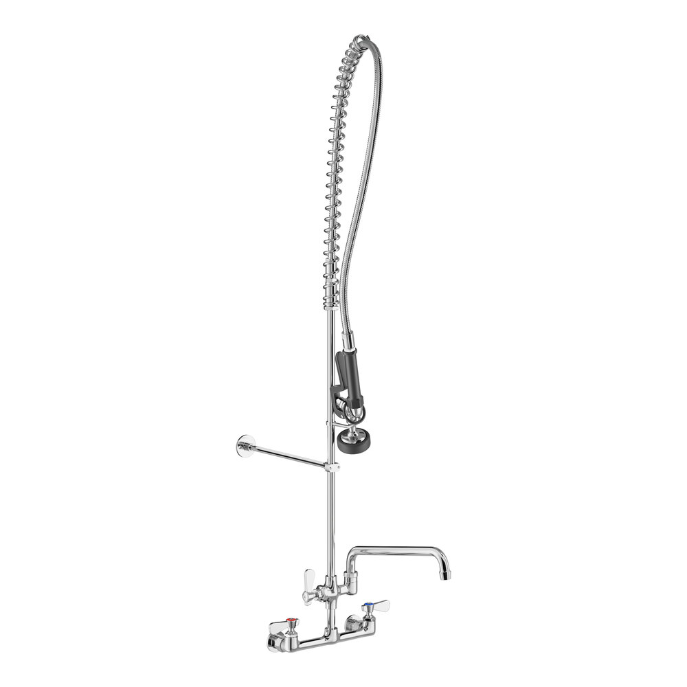 A wall-mounted pre-rinse faucet with an 8-inch center and a 12-inch add-on faucet, featuring a flexible hose and spray nozzle.