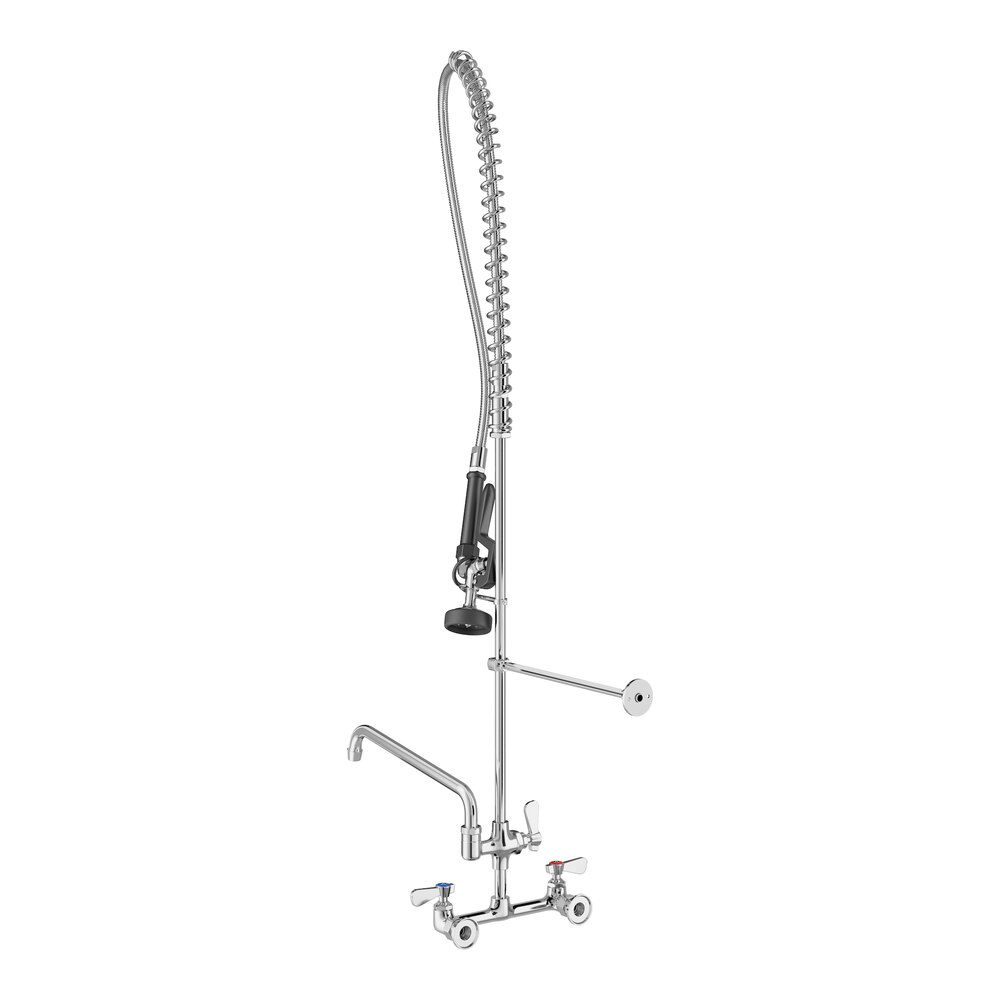 A wall-mounted pre-rinse faucet with an 8-inch center and a 12-inch add-on faucet, designed for commercial kitchen use.