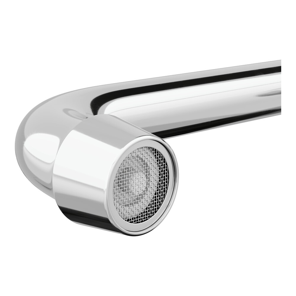 A chrome wall-mounted pre-rinse faucet with an 8-inch center and a 12-inch add-on spout.
