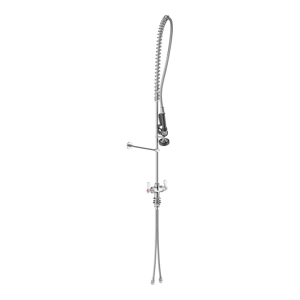 A tall, chrome-colored pre-rinse faucet with a flexible hose and spray nozzle, mounted on a single base with two handles.
