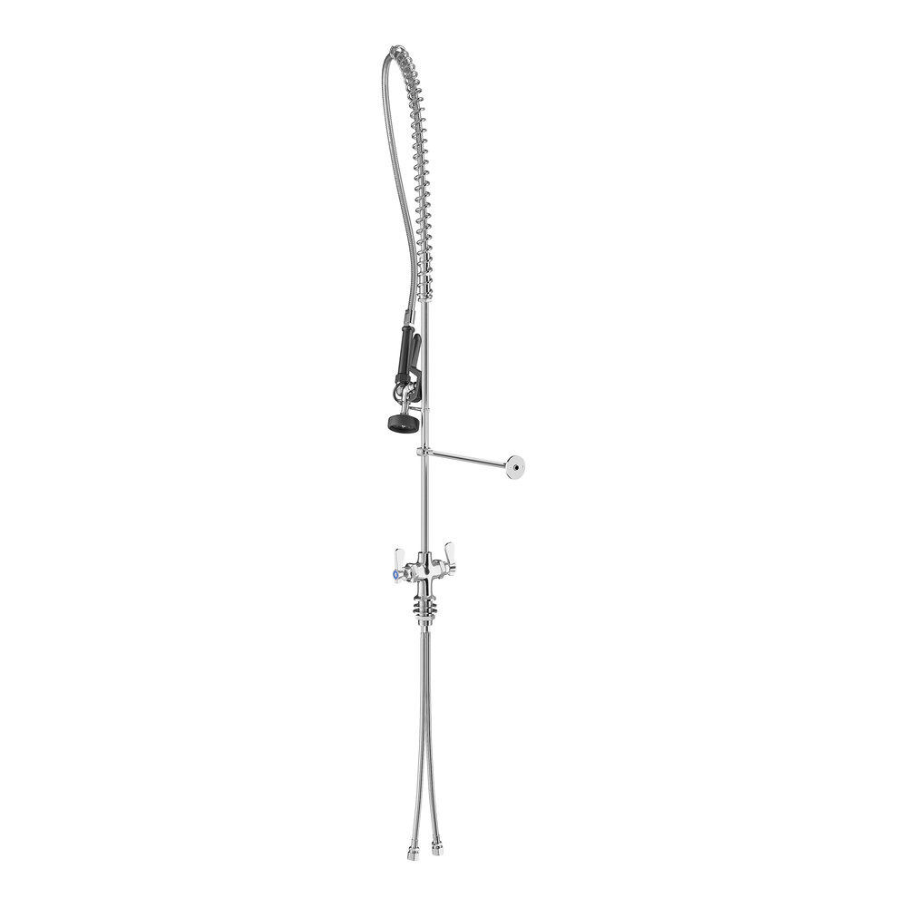 A tall, metallic pre-rinse faucet with a flexible hose, spray nozzle, and dual handles mounted on a single base.