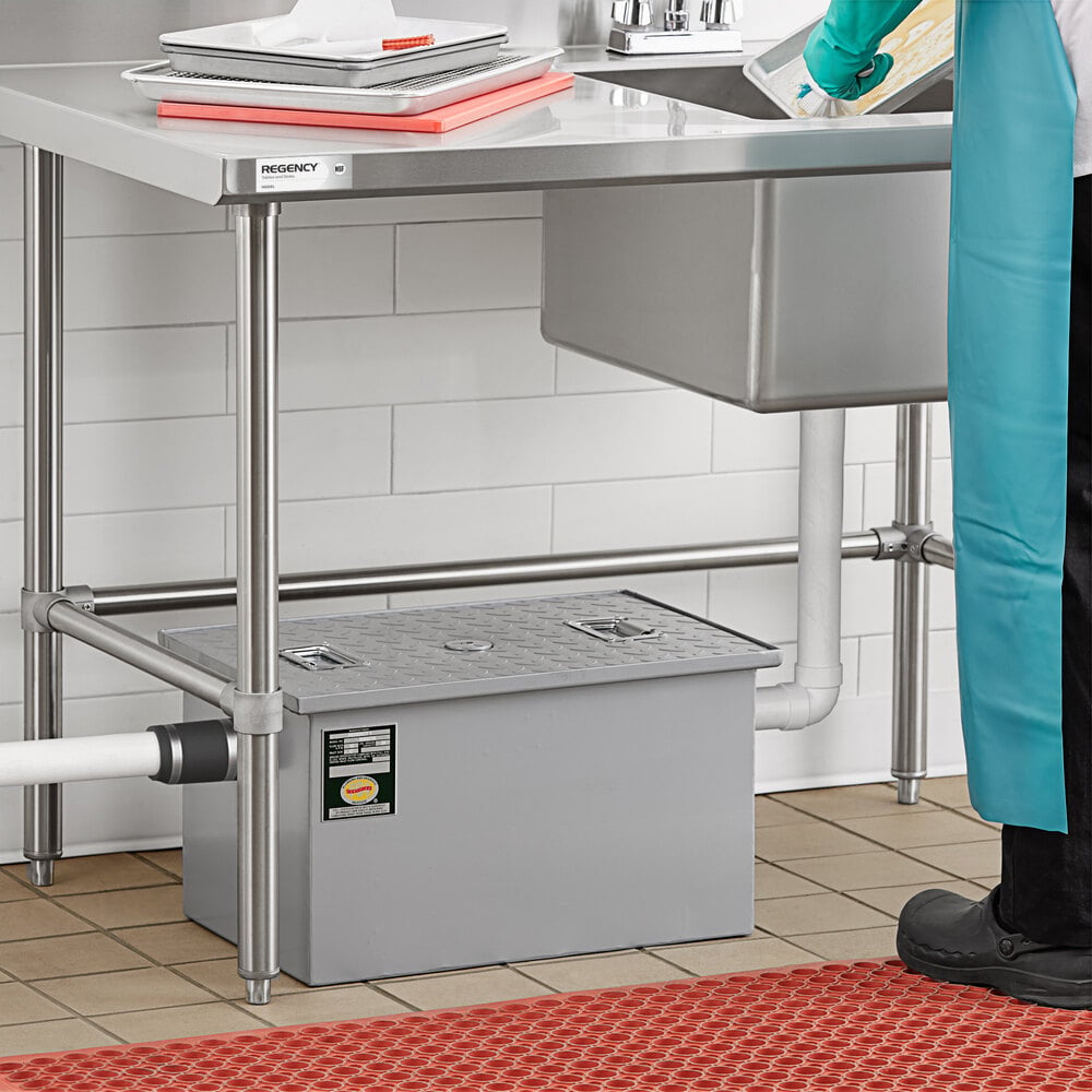 A rectangular metal box with a textured lid and two handles is positioned under a stainless steel sink, connected to the plumbing system.