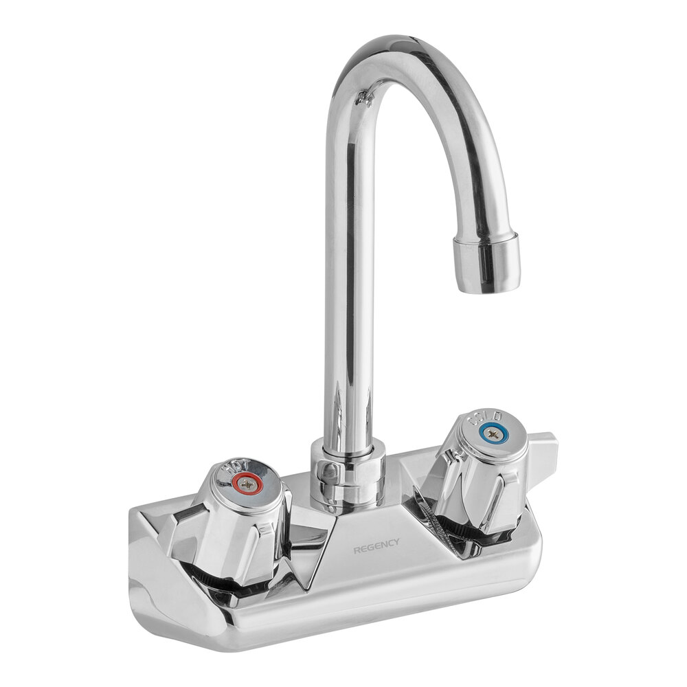 A wall-mount faucet with two handles and a swivel gooseneck spout.