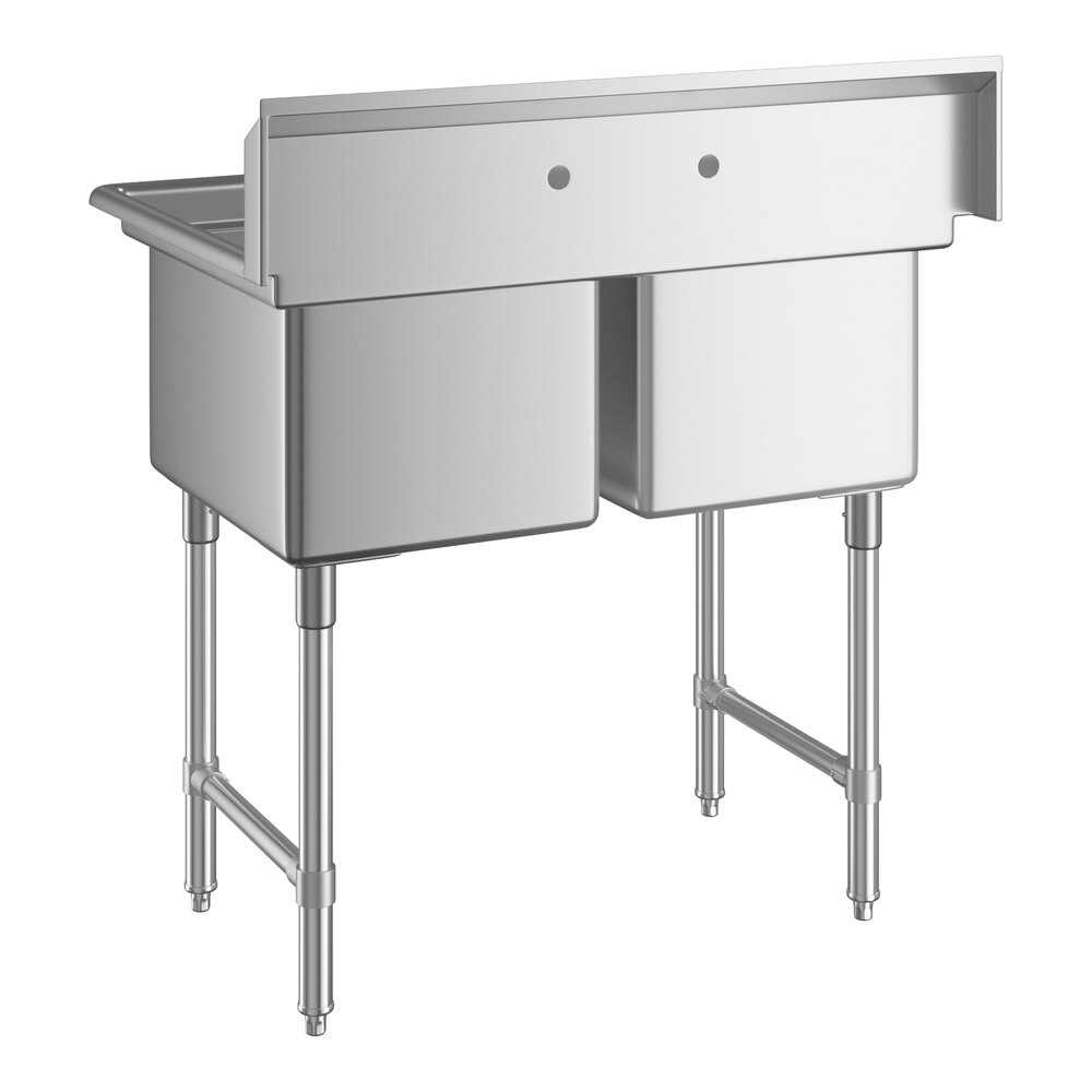 A stainless steel two-compartment sink with four legs and a high backsplash featuring two faucet holes.
