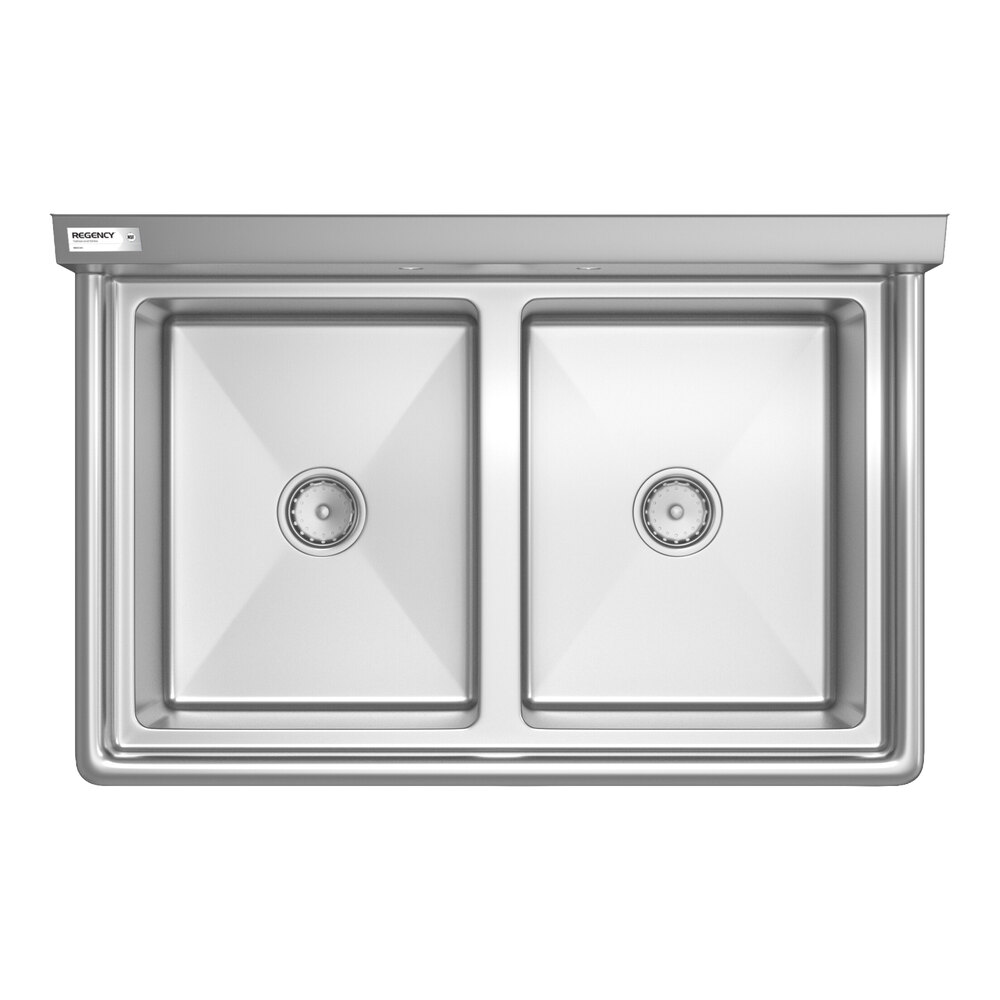 A top-down view of a stainless steel double-basin sink with square compartments and central drains.