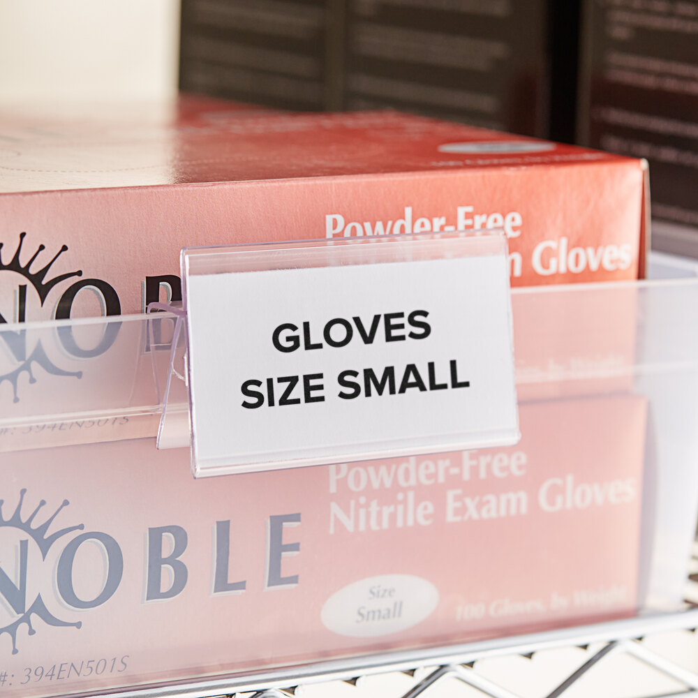 A clear clip-on label holder attached to a storage bin, displaying a label that reads 'GLOVES SIZE SMALL.'