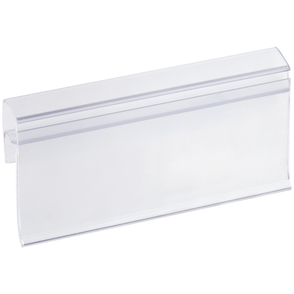 A clear plastic clip-on label holder designed for wire basket shelving.