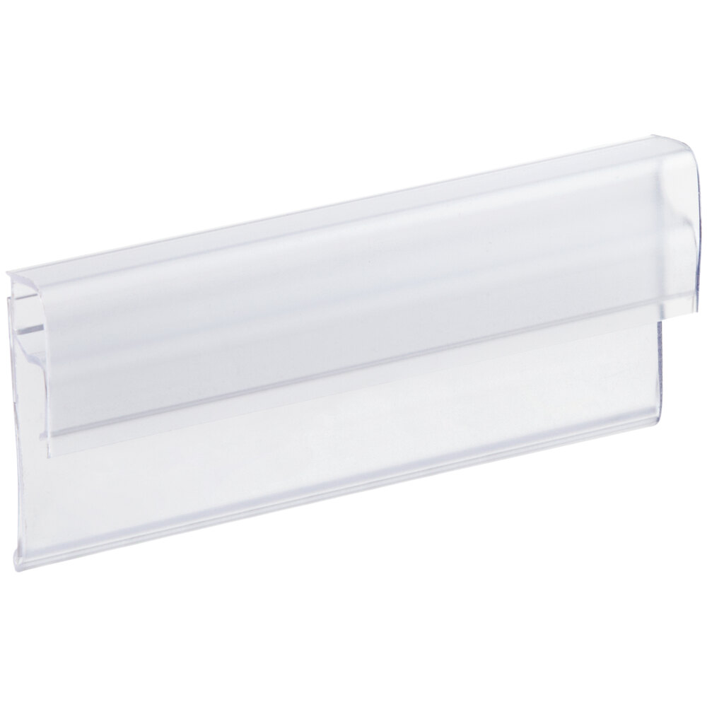 A clear clip-on label holder designed for wire basket shelving.