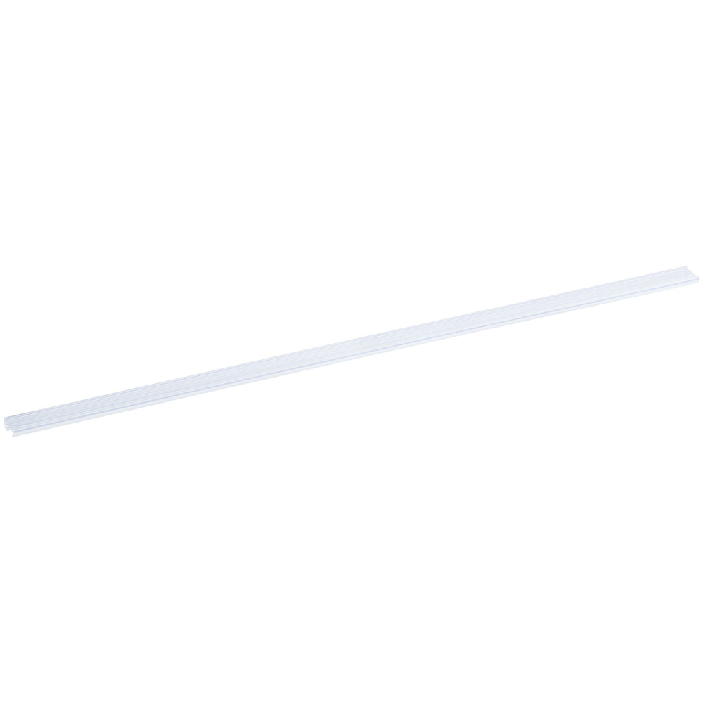 A clear plastic label holder designed for wire shelving, measuring 43 inches by 1 1/4 inches.