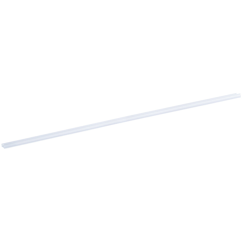 A clear plastic label holder designed for wire shelving, measuring 43 inches by 1 1/4 inches.