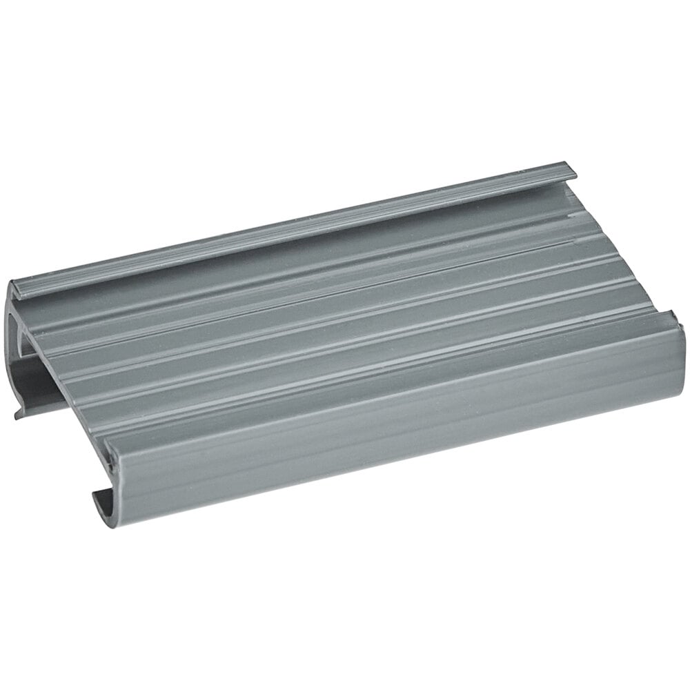 A gray label holder designed for wire shelving.
