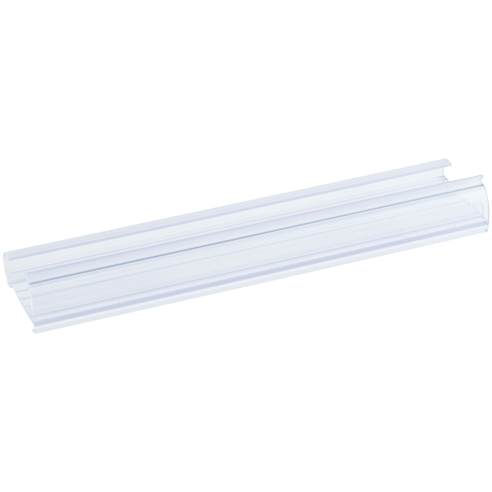 A clear plastic label holder designed for wire shelving.