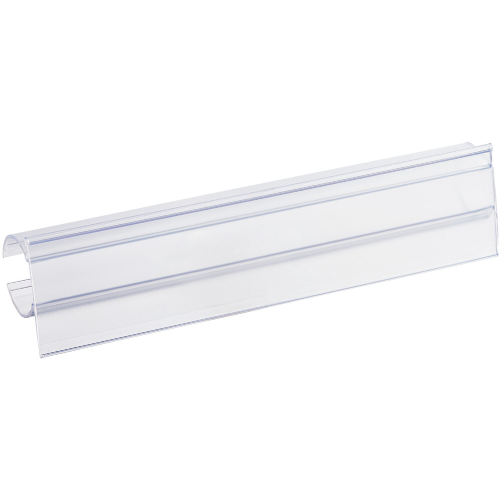 A clear vertical clip-on label holder designed for shelf posts.