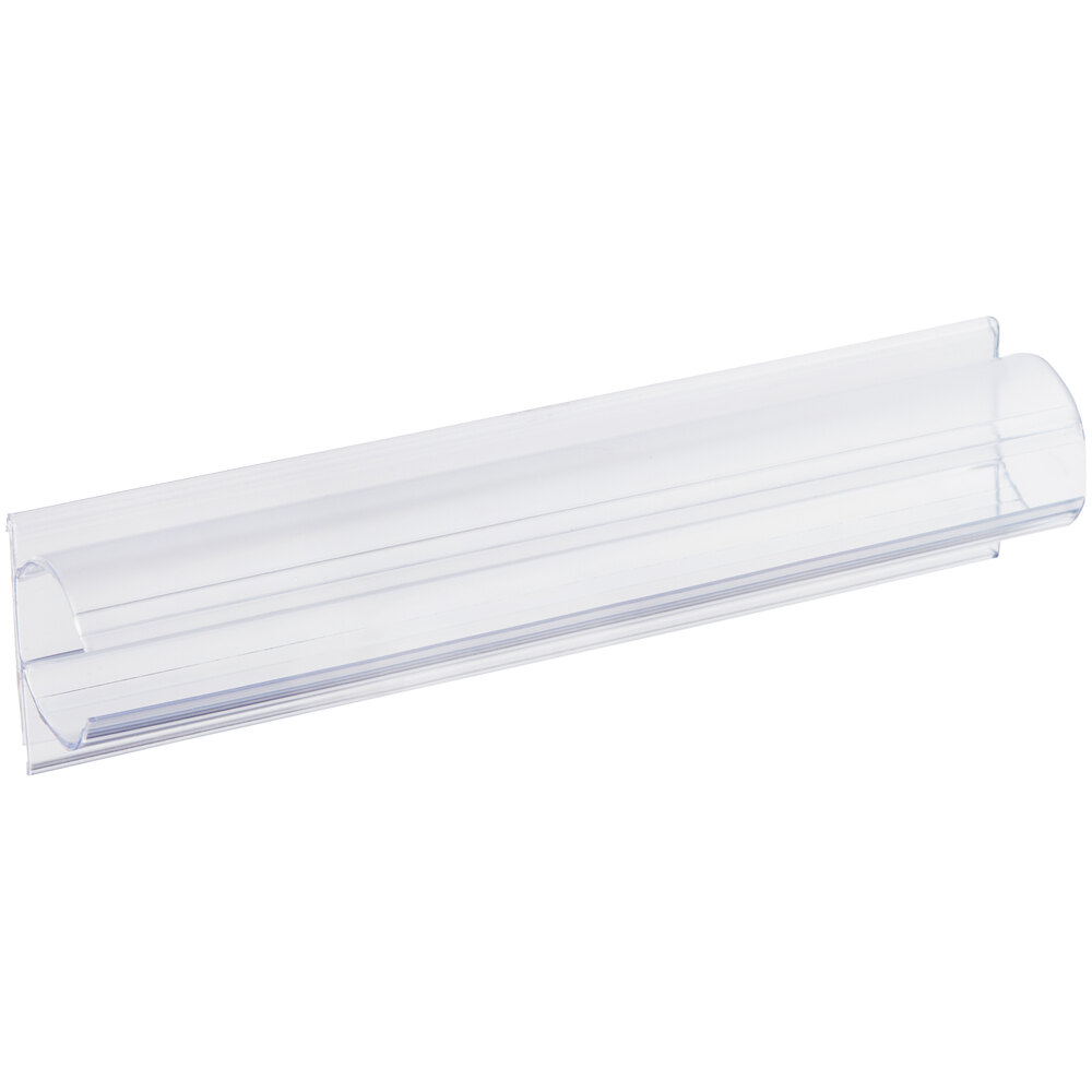A clear vertical clip-on label holder for shelf posts.