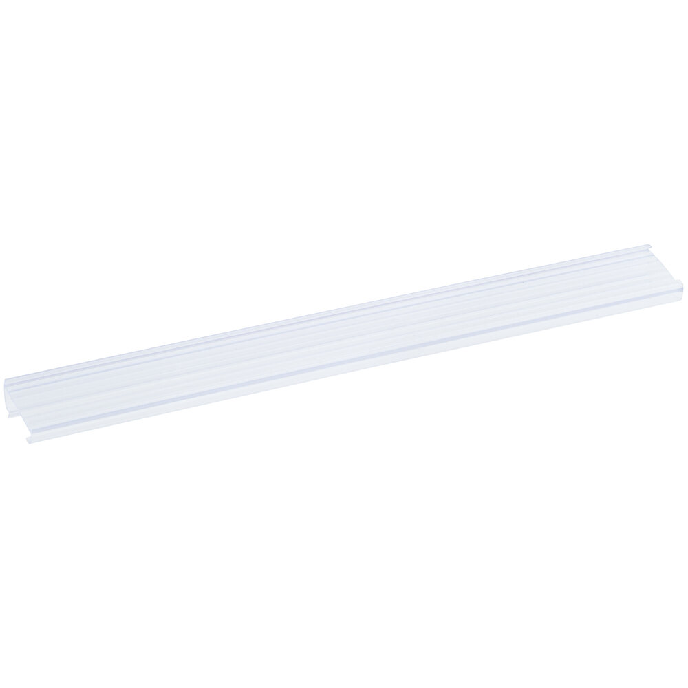 A clear plastic label holder designed for wire shelving, measuring 13 inches by 1 1/4 inches.
