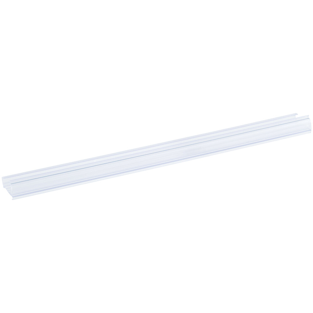 A clear plastic label holder designed for wire shelving, measuring 13 inches by 1 1/4 inches.