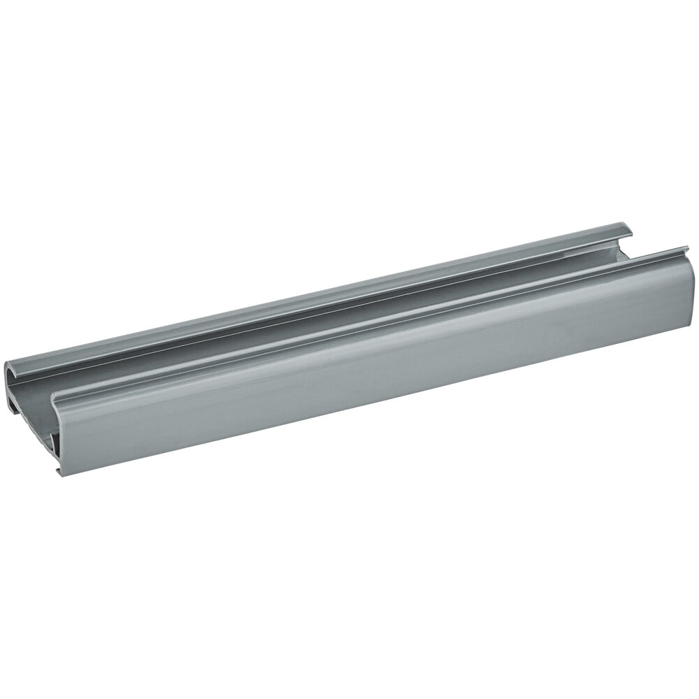 A gray 6-inch by 1 1/4-inch label holder designed for wire shelving.