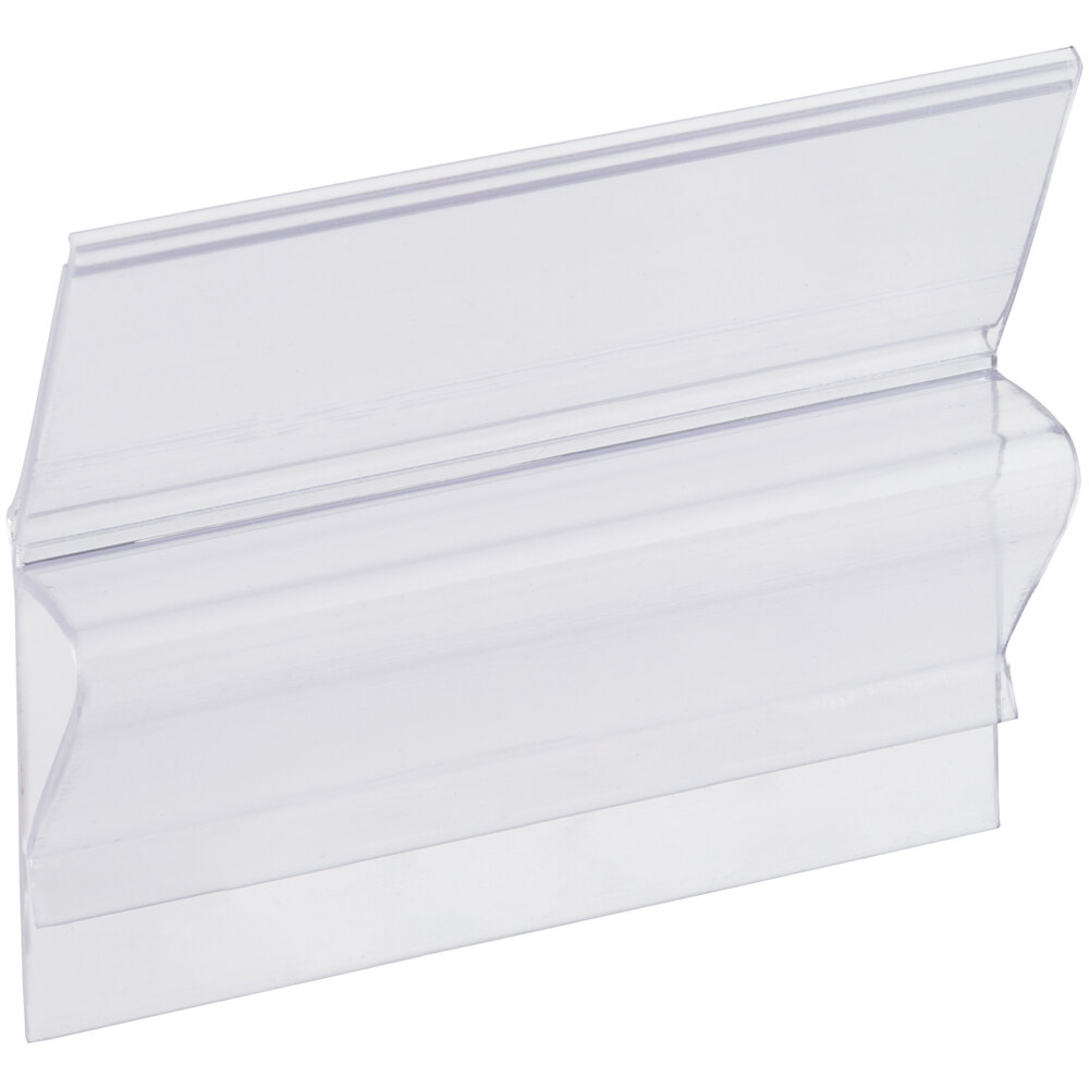 A clear plastic clip-on label holder designed for bins.