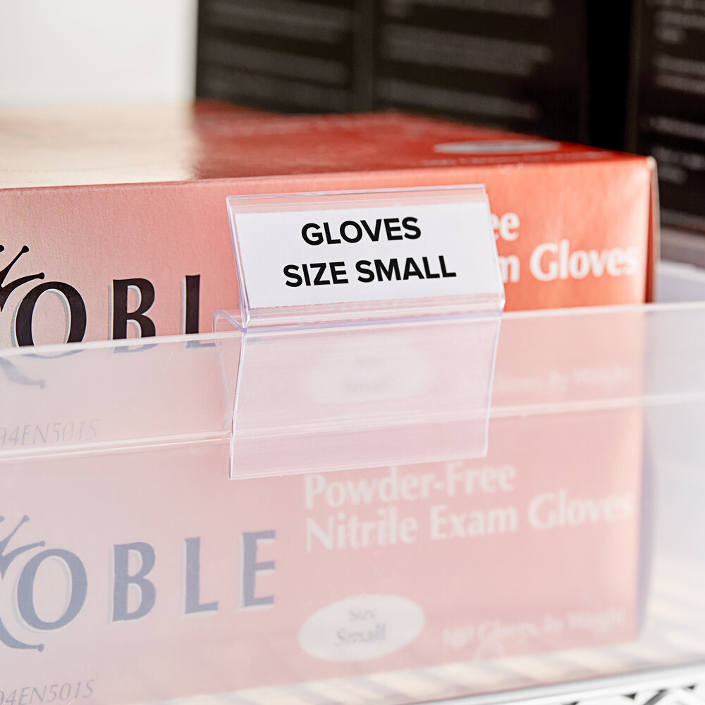 A clear plastic clip-on label holder attached to a storage bin, displaying a label for small size gloves.