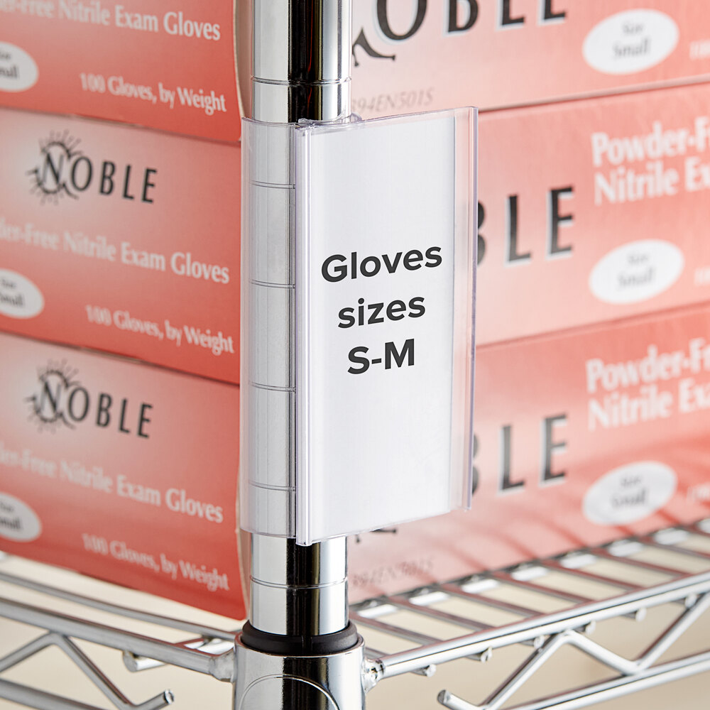 A clear vertical clip-on label holder attached to a metal shelf post, used for organizing and labeling items such as glove boxes.