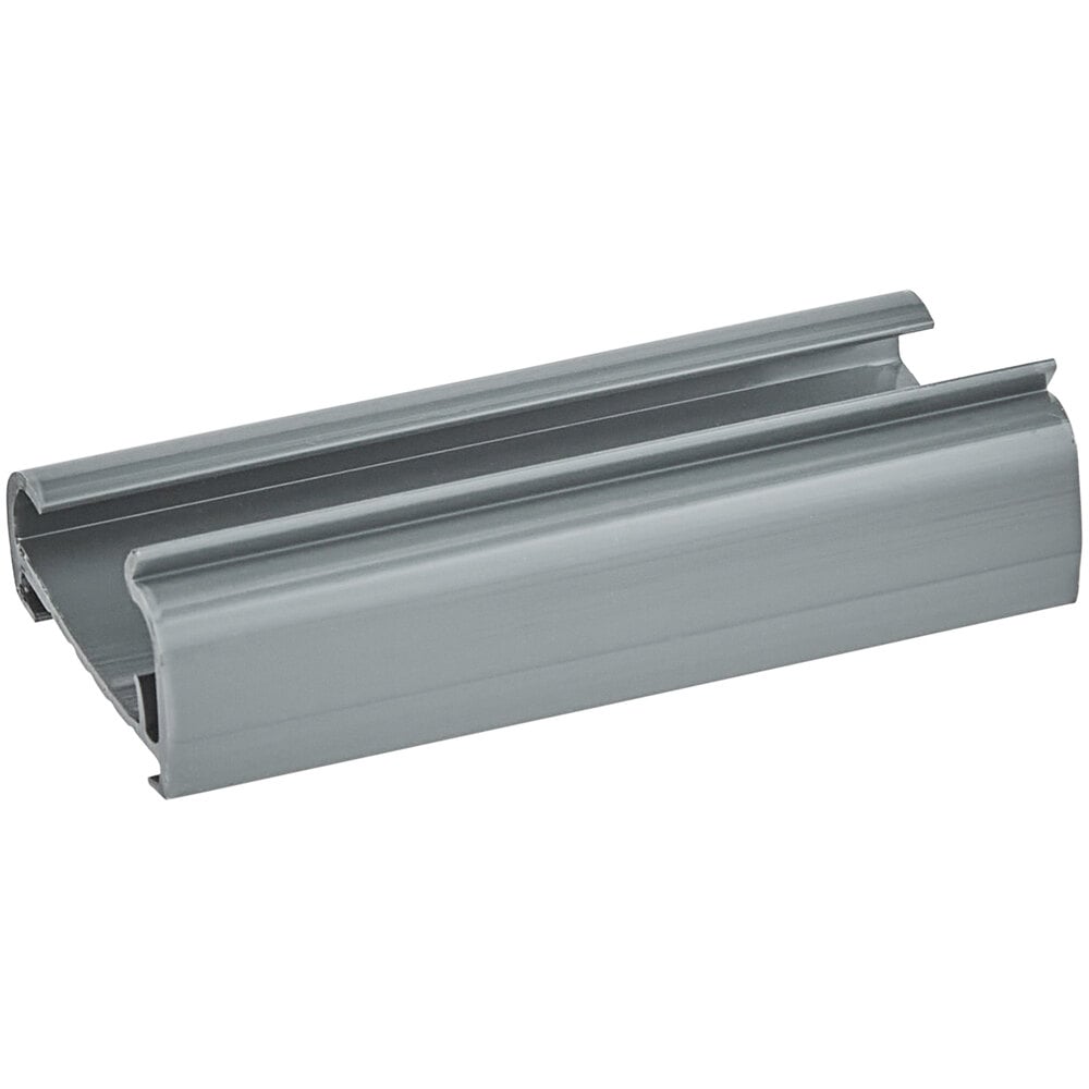 A gray label holder designed for wire shelving.