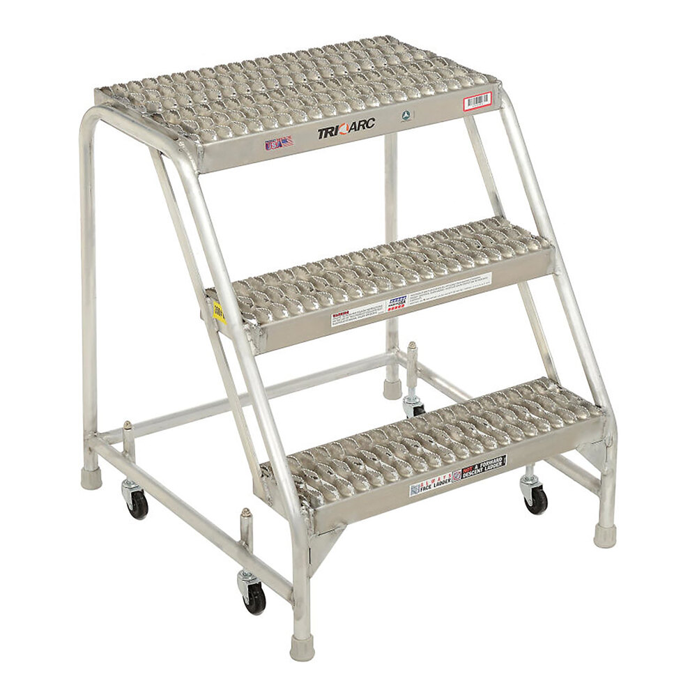 Tri-Arc 3-Step Aluminum Mobile Step Stool with Serrated Tread, 24