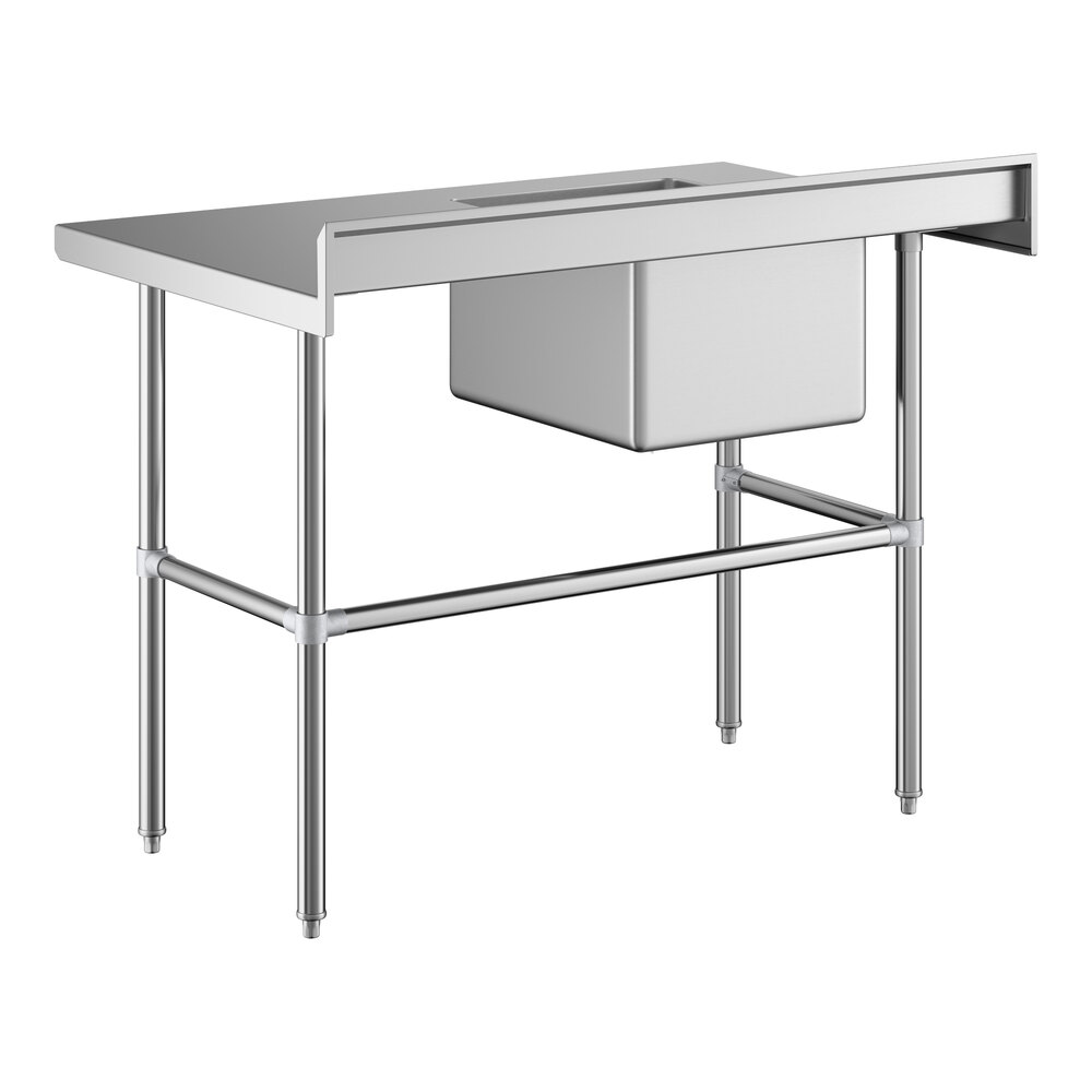 A stainless steel work table with a left-side sink and cross bracing.